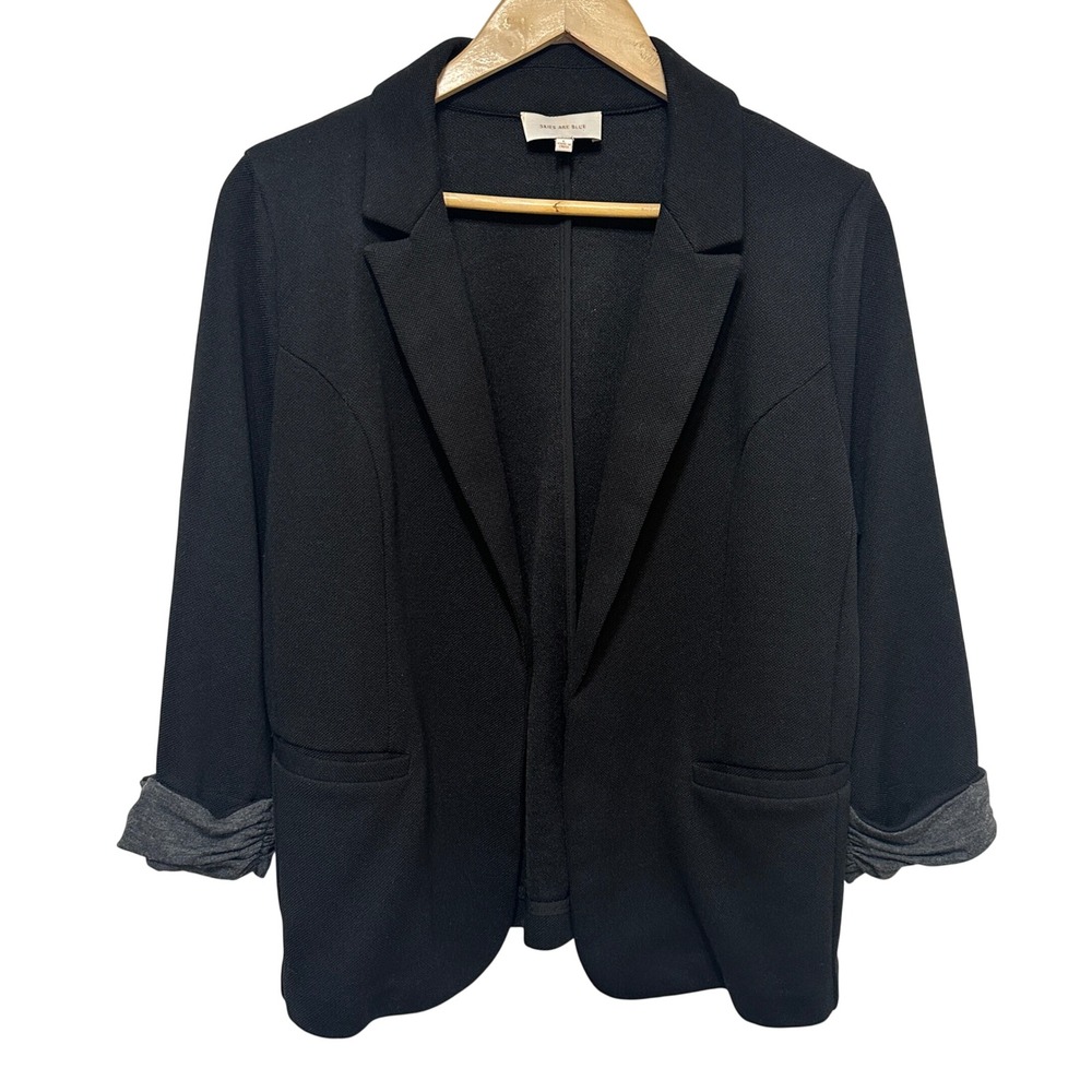 Skies Are Blue Knit Open Front Blazer Jacket Women Large Black 3/4 Ruched Cuffed